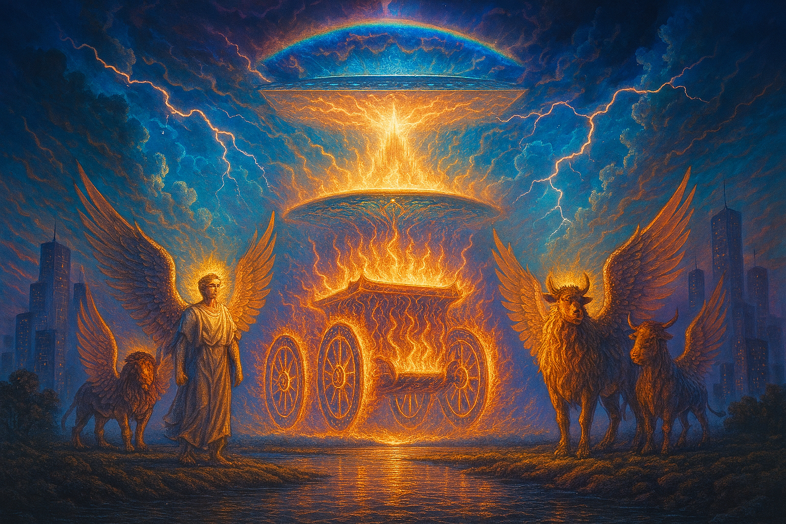 Visionary illustration of Ezekiel’s divine chariot with four radiant creatures and glowing wheels within wheels.