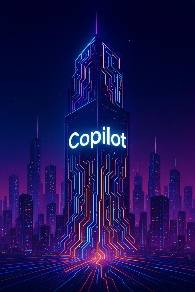 Futuristic cityscape with a glowing skyscraper labeled “Copilot,” symbolizing AI guidance and collaboration.