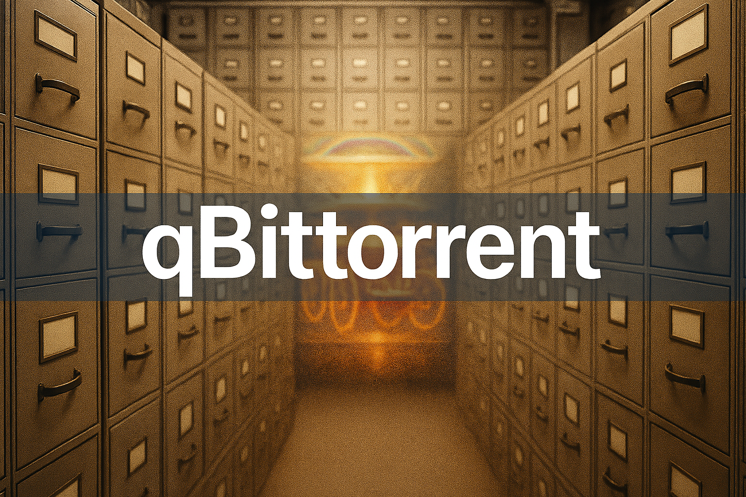 The Torrent of Many Files — qBittorrent Archive Room Rows of metal file cabinets in a storage room with a glowing qBittorrent banner across the center.