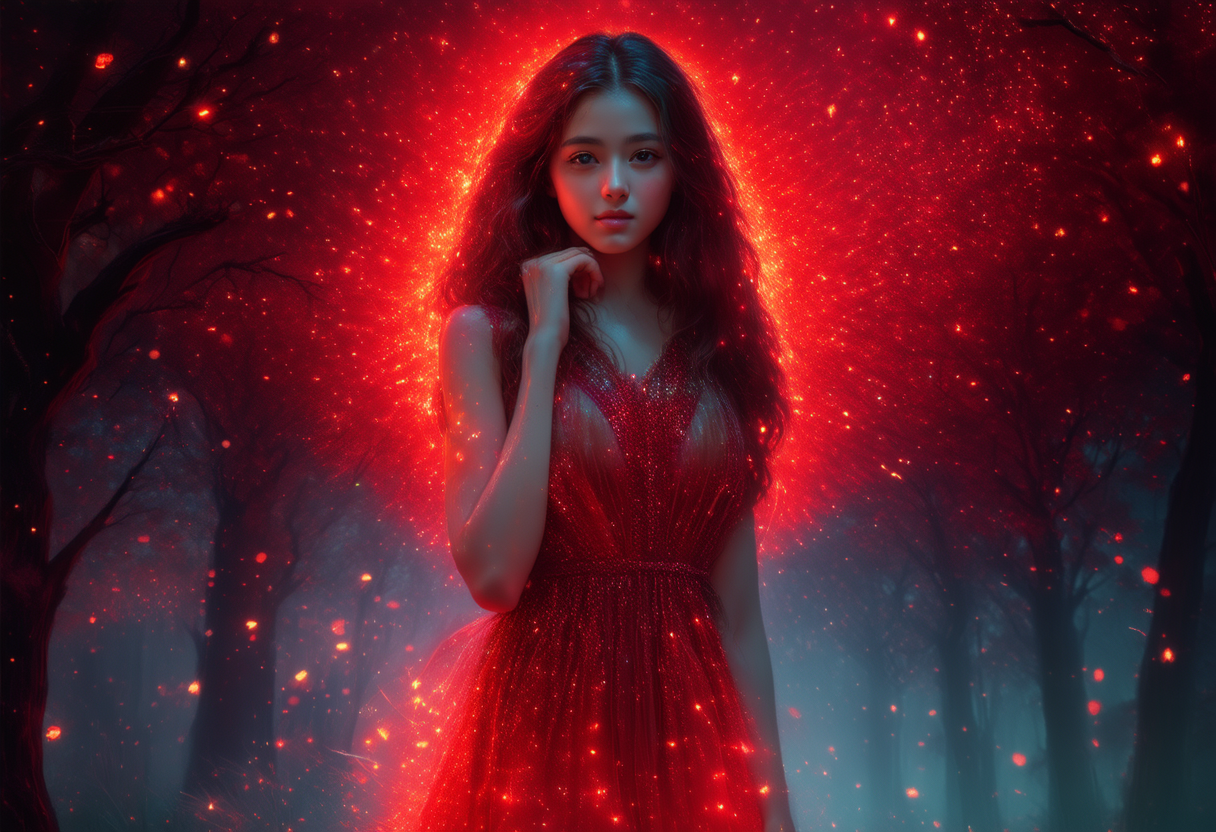 A woman in a glowing red dress standing in a mystical forest, surrounded by radiant red light and floating magical particles.
