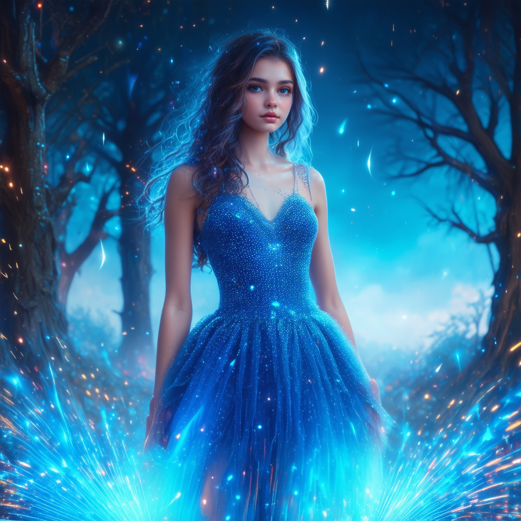 A person in a glowing blue gown standing in a mystical, moonlit forest surrounded by floating magical light.