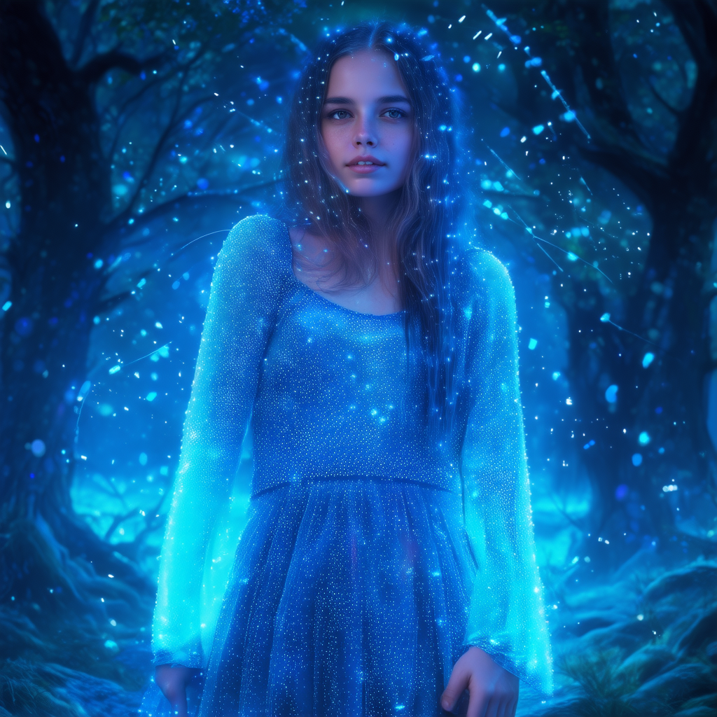 A person in a glowing blue, semi‑transparent dress standing in a mystical forest illuminated by soft blue magical light.