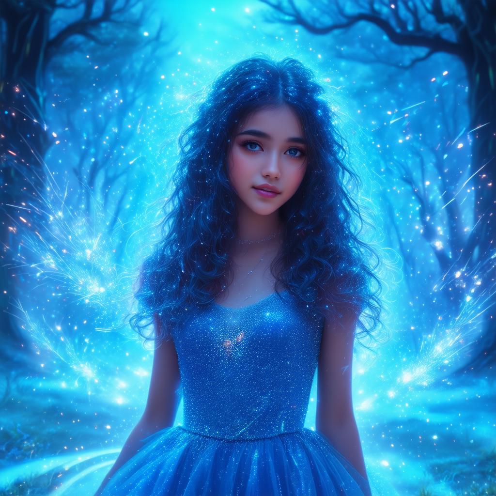Portrait AI image of a beautiful young woman surrounded by blue sparkles wearing a sparkly blue dress.