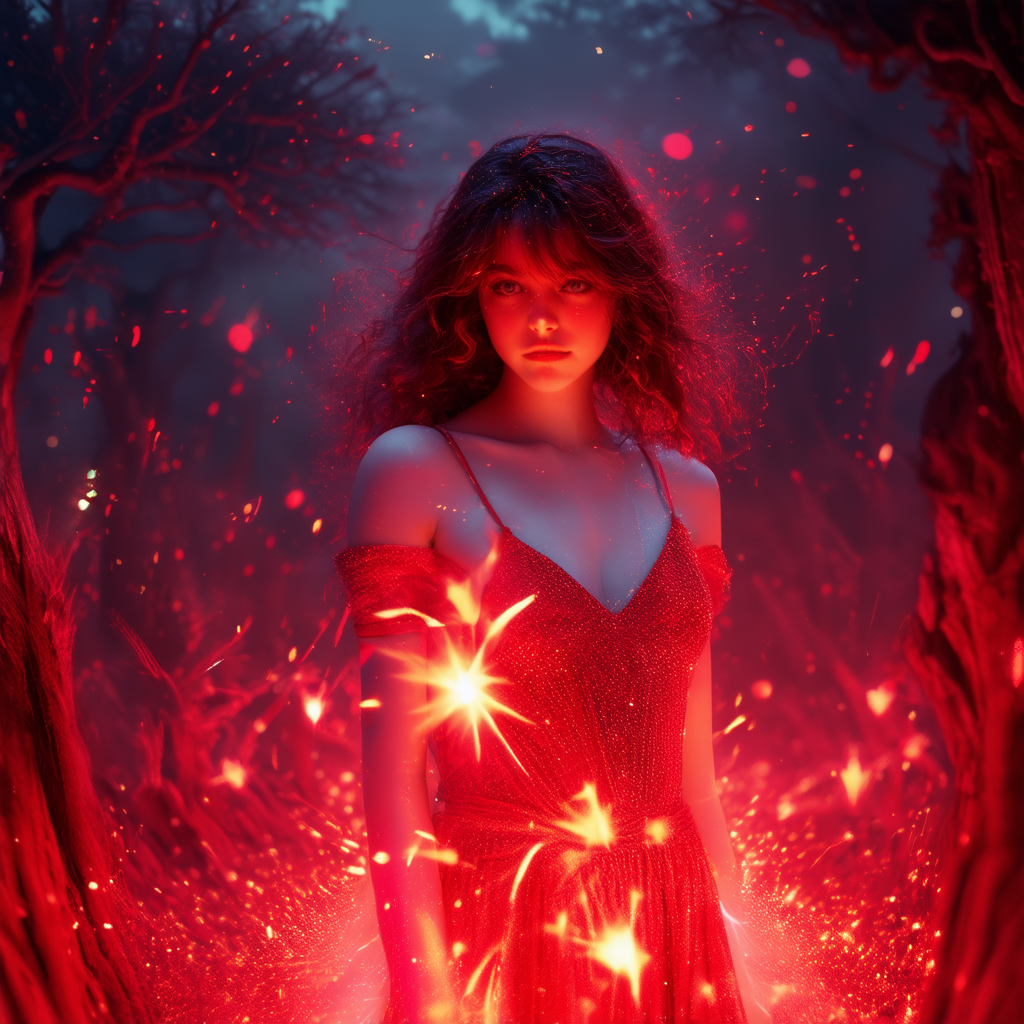 A woman in a shimmering red dress standing in a glowing, fiery forest surrounded by sparks and magical red‑orange light.