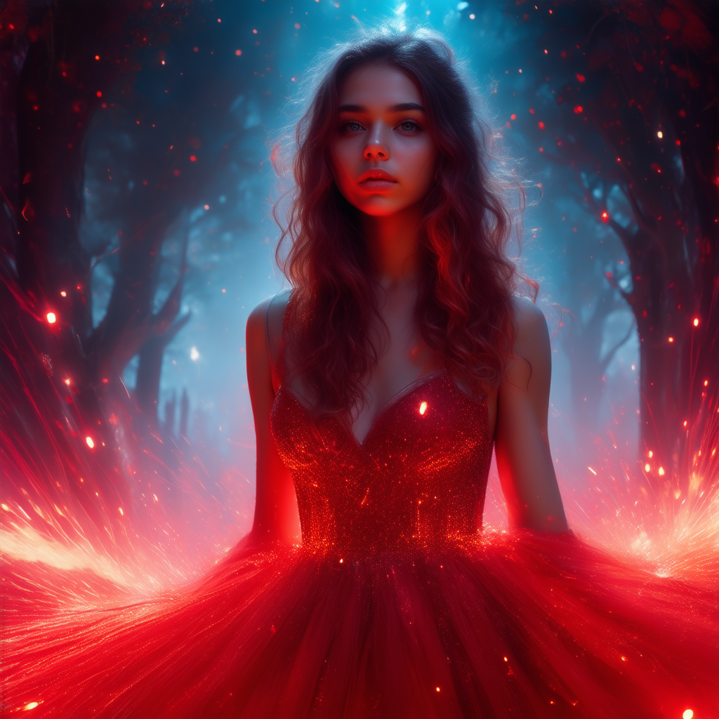 A person in a sparkling red dress standing in a mystical forest, illuminated by glowing red and blue magical light.