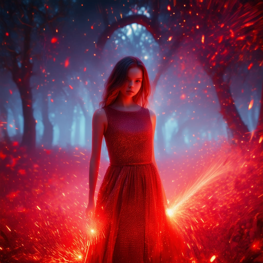 A person in a shimmering red dress standing in a mystical forest, surrounded by glowing red sparks and blue ambient light.